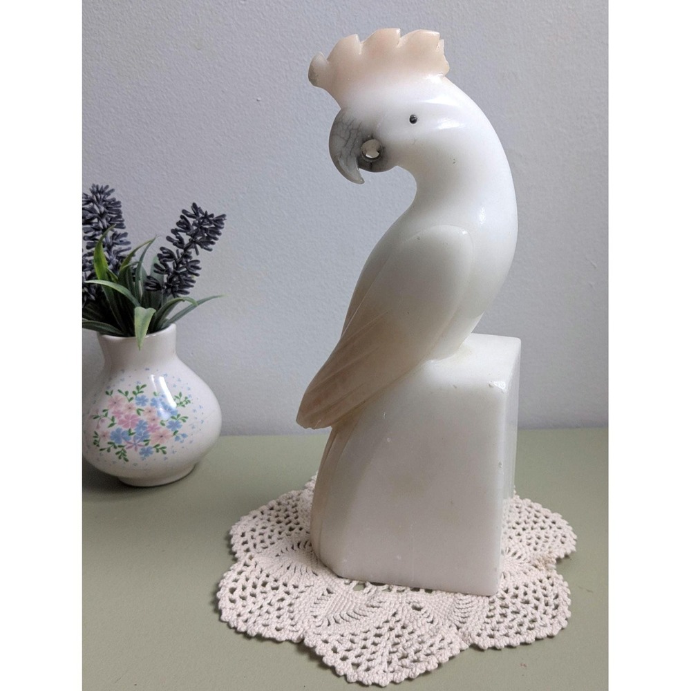 Vintage Carved Alabaster Cockatoo Sculpture Bird Statue White Stone Decor READ